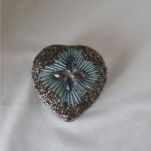 Unique Heart Shaped Beaded Trinket Jewelry Box Blue Felt Lined